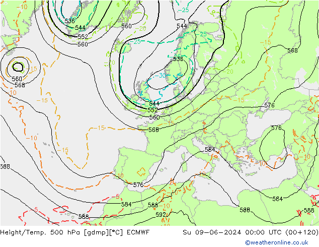 Z500/Rain (+SLP)/Z850 ECMWF So 09.06.2024 00 UTC