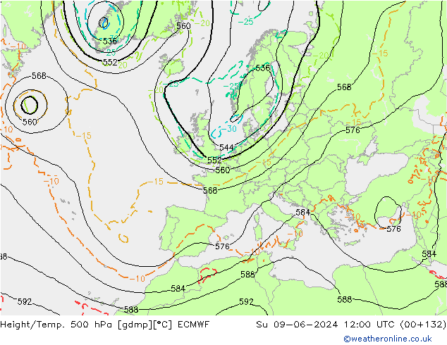 Geop./Temp. 500 hPa ECMWF dom 09.06.2024 12 UTC