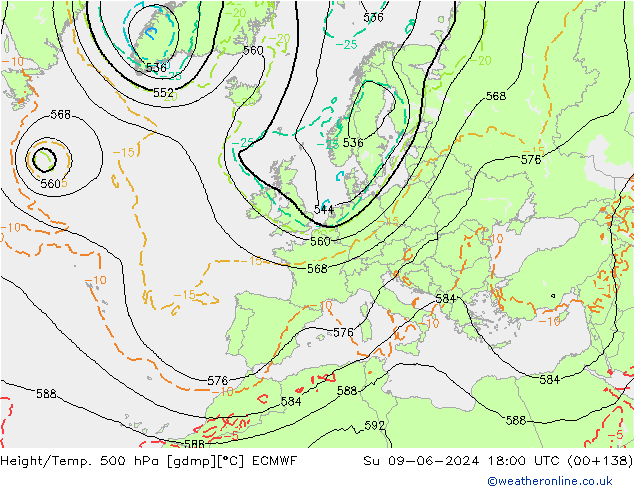 Z500/Rain (+SLP)/Z850 ECMWF Su 09.06.2024 18 UTC