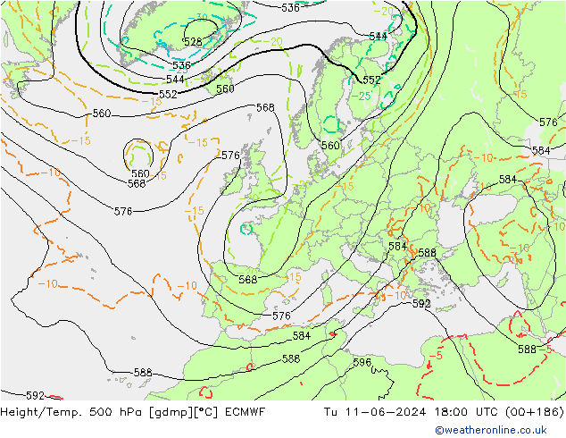 Z500/Rain (+SLP)/Z850 ECMWF Tu 11.06.2024 18 UTC