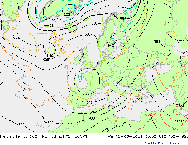 Z500/Rain (+SLP)/Z850 ECMWF mer 12.06.2024 00 UTC