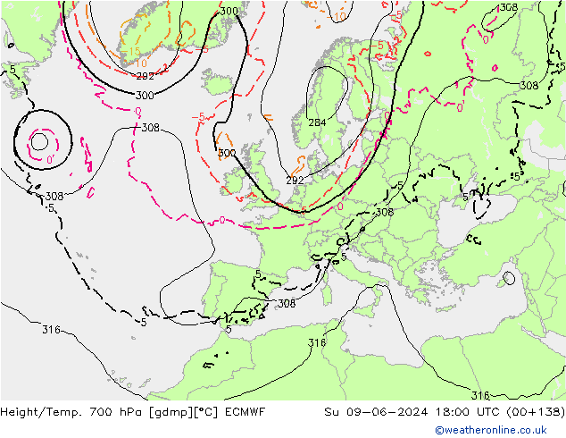 Hoogte/Temp. 700 hPa ECMWF zo 09.06.2024 18 UTC