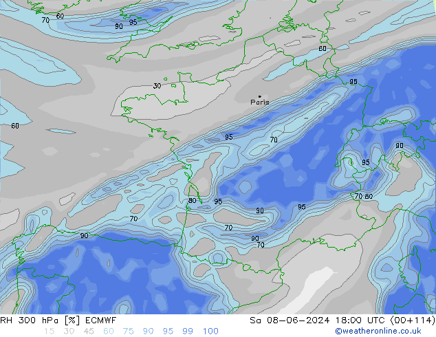 RH 300 гПа ECMWF сб 08.06.2024 18 UTC