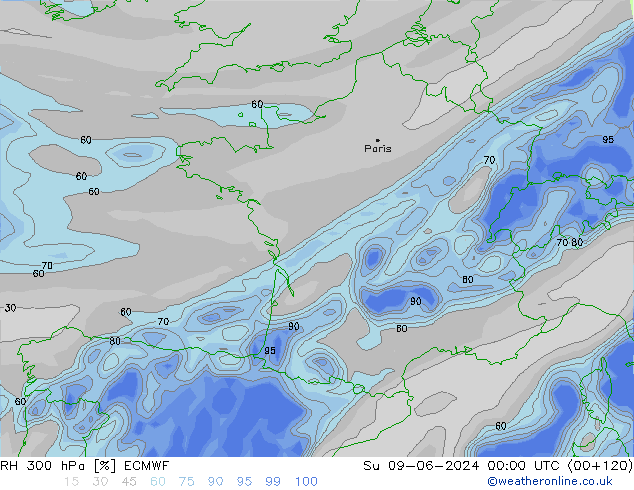 Humidité rel. 300 hPa ECMWF dim 09.06.2024 00 UTC