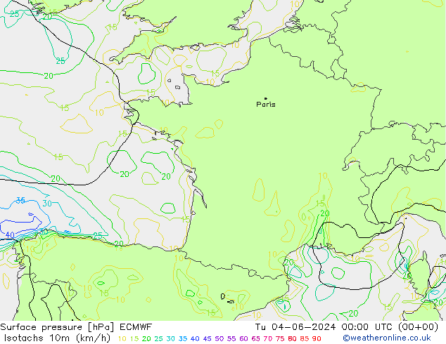 Isotachs (kph) ECMWF Tu 04.06.2024 00 UTC