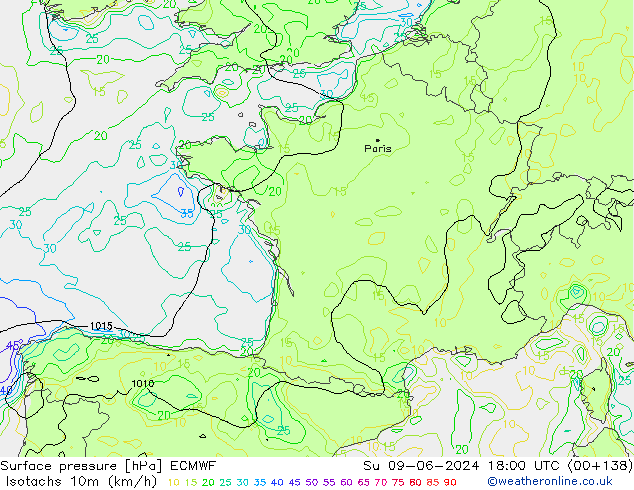 Isotachs (kph) ECMWF Ne 09.06.2024 18 UTC