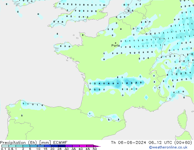 Z500/Rain (+SLP)/Z850 ECMWF Čt 06.06.2024 12 UTC