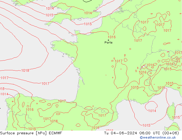 Atmosférický tlak ECMWF Út 04.06.2024 06 UTC