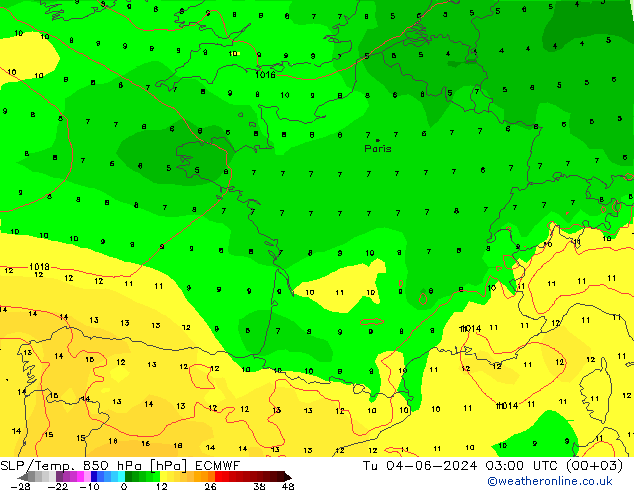 SLP/Temp. 850 hPa ECMWF Tu 04.06.2024 03 UTC