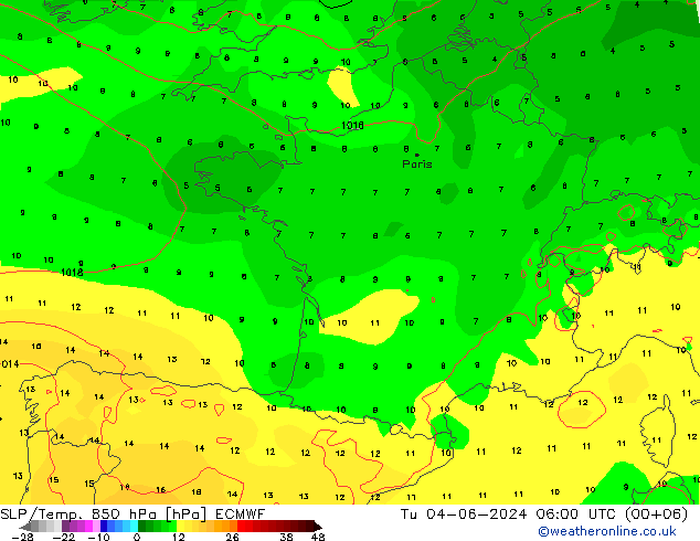 SLP/Temp. 850 hPa ECMWF Tu 04.06.2024 06 UTC