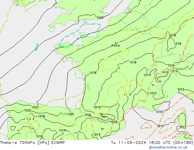 Theta-e 700hPa ECMWF  11.06.2024 18 UTC