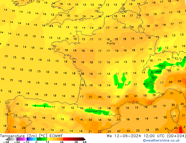 Temperature (2m) ECMWF We 12.06.2024 12 UTC