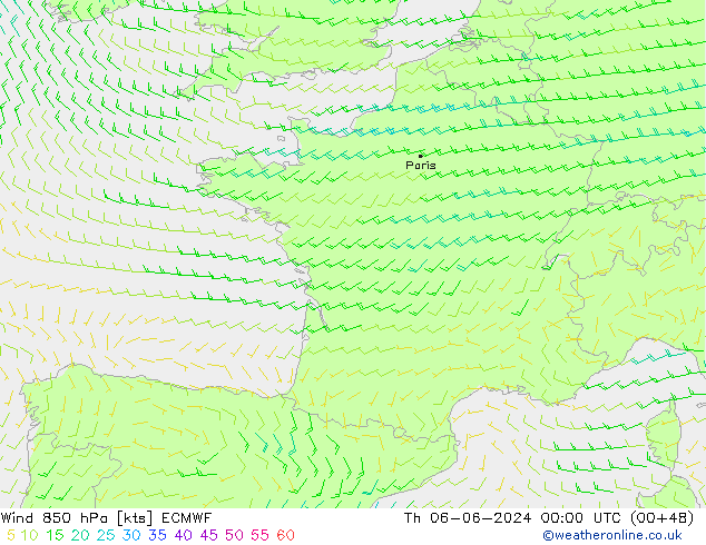 Wind 850 hPa ECMWF Th 06.06.2024 00 UTC