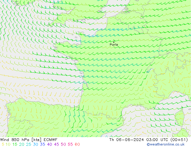 Viento 850 hPa ECMWF jue 06.06.2024 03 UTC