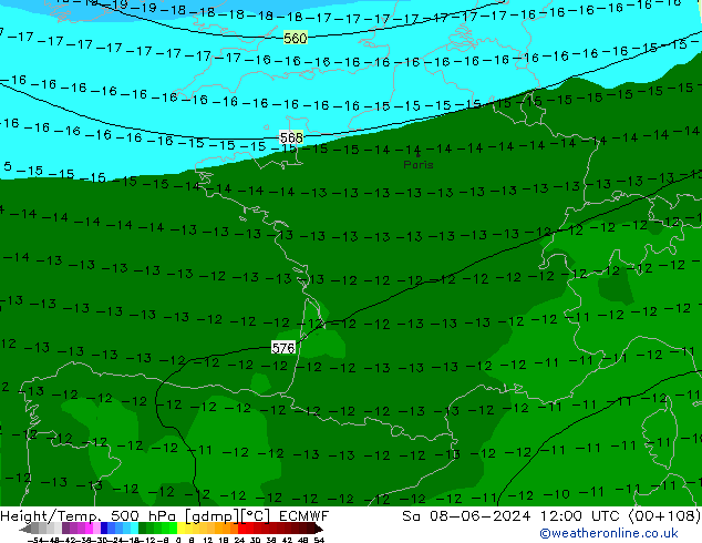 Z500/Rain (+SLP)/Z850 ECMWF Sa 08.06.2024 12 UTC