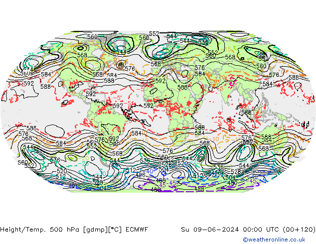 Z500/Rain (+SLP)/Z850 ECMWF So 09.06.2024 00 UTC