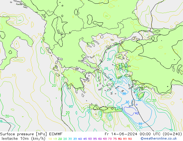 Isotaca (kph) ECMWF vie 14.06.2024 00 UTC