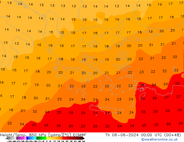 Height/Temp. 850 hPa ECMWF czw. 06.06.2024 00 UTC