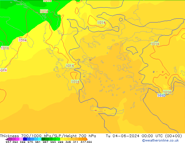 Thck 700-1000 hPa ECMWF wto. 04.06.2024 00 UTC