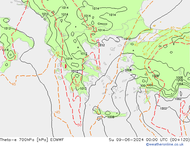 Theta-e 700hPa ECMWF Paz 09.06.2024 00 UTC