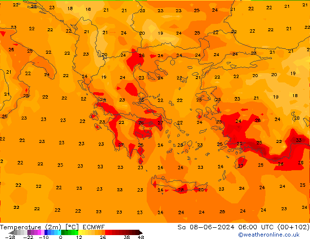 Temperatuurkaart (2m) ECMWF za 08.06.2024 06 UTC