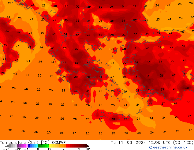 Temperatuurkaart (2m) ECMWF di 11.06.2024 12 UTC