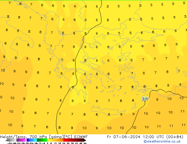 Height/Temp. 700 гПа ECMWF пт 07.06.2024 12 UTC