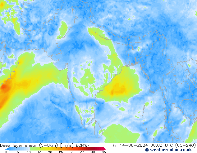 Deep layer shear (0-6km) ECMWF ven 14.06.2024 00 UTC