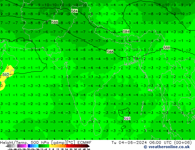 Z500/Rain (+SLP)/Z850 ECMWF Út 04.06.2024 06 UTC