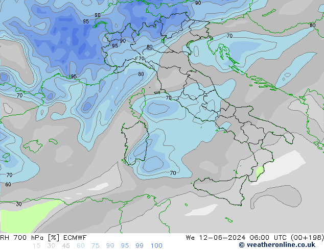 RH 700 hPa ECMWF mer 12.06.2024 06 UTC