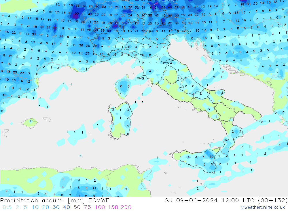 Precipitation accum. ECMWF Su 09.06.2024 12 UTC