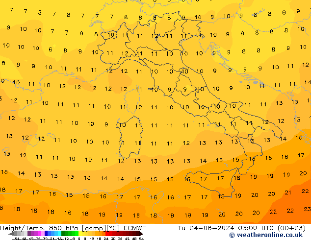 Height/Temp. 850 hPa ECMWF Út 04.06.2024 03 UTC