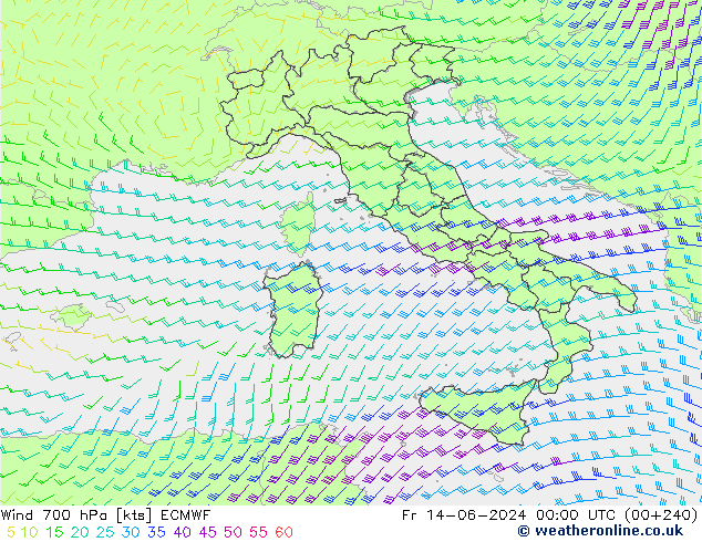 Wind 700 hPa ECMWF Fr 14.06.2024 00 UTC