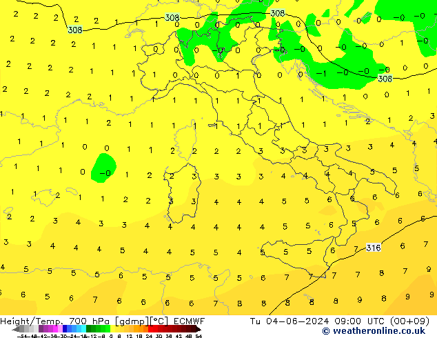 Height/Temp. 700 hPa ECMWF mar 04.06.2024 09 UTC