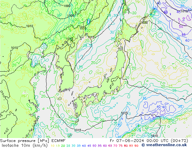 Eşrüzgar Hızları (km/sa) ECMWF Cu 07.06.2024 00 UTC