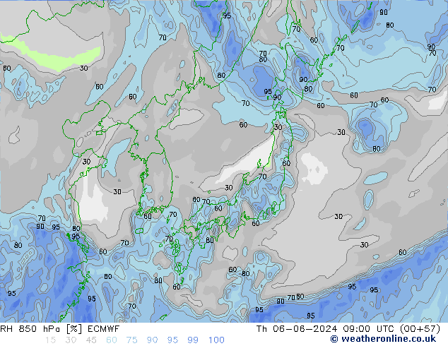 RH 850 hPa ECMWF Th 06.06.2024 09 UTC