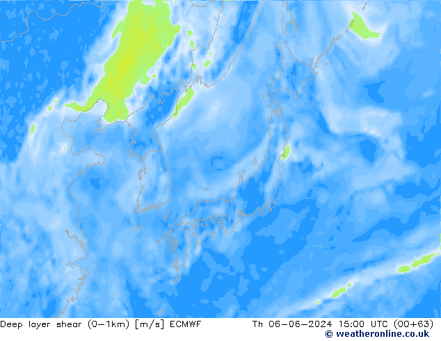 Deep layer shear (0-1km) ECMWF Per 06.06.2024 15 UTC