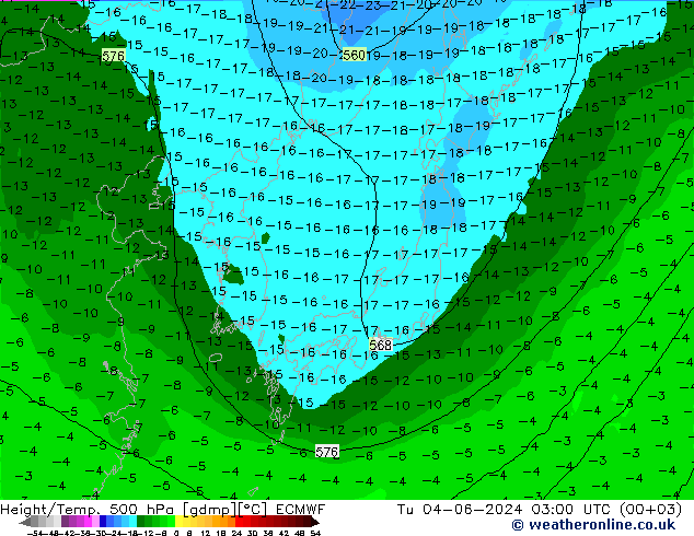 Height/Temp. 500 hPa ECMWF wto. 04.06.2024 03 UTC