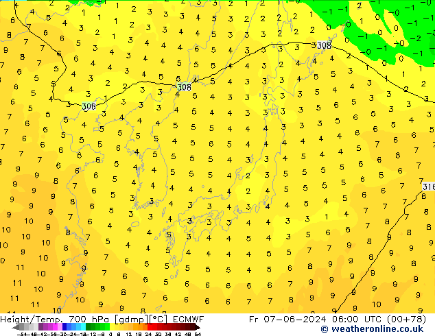 Height/Temp. 700 hPa ECMWF Fr 07.06.2024 06 UTC