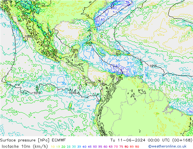 Isotachs (kph) ECMWF Tu 11.06.2024 00 UTC