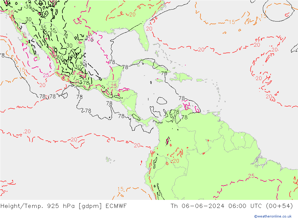 Geop./Temp. 925 hPa ECMWF jue 06.06.2024 06 UTC