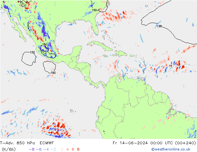 T-Adv. 850 hPa ECMWF Pá 14.06.2024 00 UTC