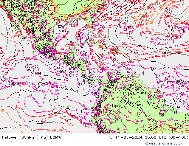 Theta-e 700hPa ECMWF mar 11.06.2024 00 UTC