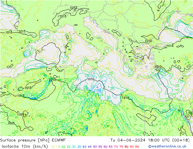 Isotachs (kph) ECMWF mar 04.06.2024 18 UTC