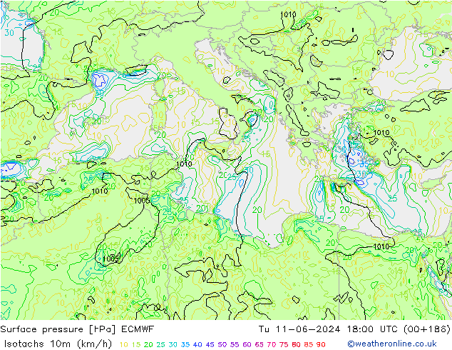 Isotachs (kph) ECMWF mar 11.06.2024 18 UTC