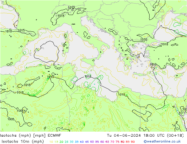 Isotachs (mph) ECMWF Tu 04.06.2024 18 UTC