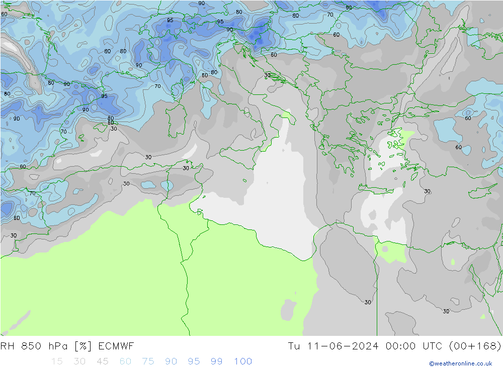 RH 850 hPa ECMWF mar 11.06.2024 00 UTC