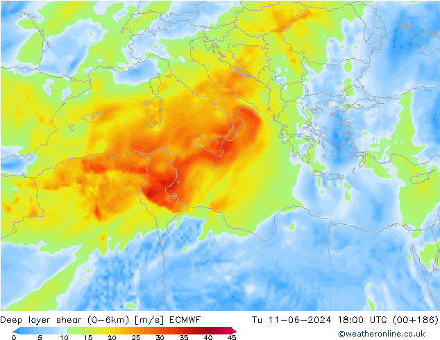 Deep layer shear (0-6km) ECMWF mar 11.06.2024 18 UTC