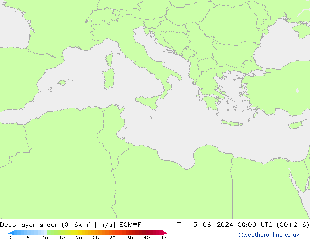 Deep layer shear (0-6km) ECMWF Th 13.06.2024 00 UTC