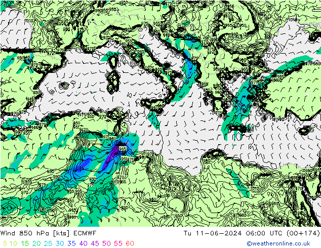 wiatr 850 hPa ECMWF wto. 11.06.2024 06 UTC